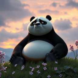 A profound and emotional scene of a sad Kung Fu Panda, Po, sitting on a grassy knoll