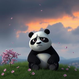 A profound and emotional scene of a sad Kung Fu Panda, Po, sitting on a grassy knoll