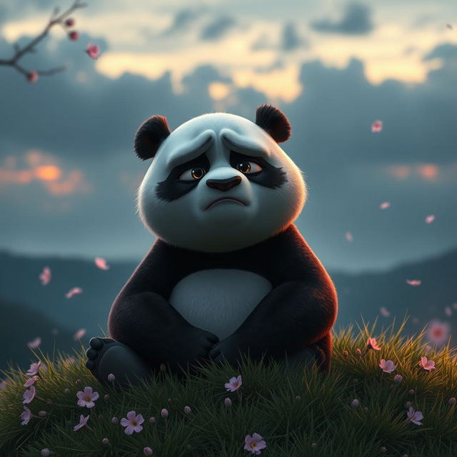 A profound and emotional scene of a sad Kung Fu Panda, Po, sitting on a grassy knoll