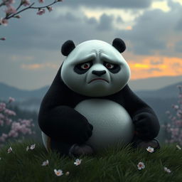 A profound and emotional scene of a sad Kung Fu Panda, Po, sitting on a grassy knoll