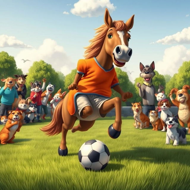 A playful scene of a brown horse playing soccer on a grassy field, wearing a brightly colored jersey, with a soccer ball at its feet