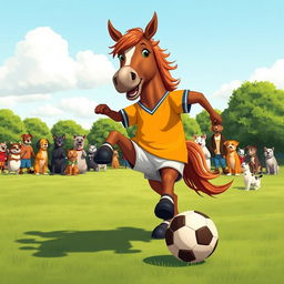 A playful scene of a brown horse playing soccer on a grassy field, wearing a brightly colored jersey, with a soccer ball at its feet