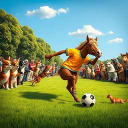 A playful scene of a brown horse playing soccer on a grassy field, wearing a brightly colored jersey, with a soccer ball at its feet