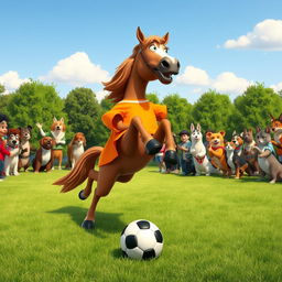 A playful scene of a brown horse playing soccer on a grassy field, wearing a brightly colored jersey, with a soccer ball at its feet