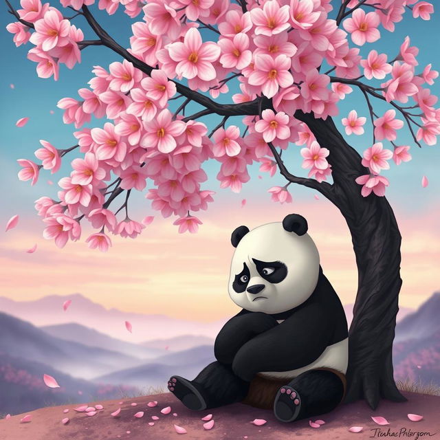 A poignant depiction of a sad Kung Fu Panda, Po, sitting alone beneath a large cherry blossom tree in full bloom