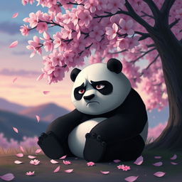 A poignant depiction of a sad Kung Fu Panda, Po, sitting alone beneath a large cherry blossom tree in full bloom