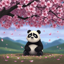A poignant depiction of a sad Kung Fu Panda, Po, sitting alone beneath a large cherry blossom tree in full bloom