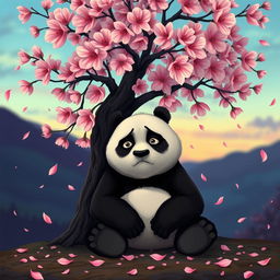 A poignant depiction of a sad Kung Fu Panda, Po, sitting alone beneath a large cherry blossom tree in full bloom