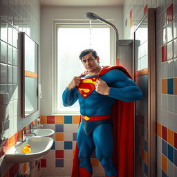 A whimsical scene of Superman standing in a modern washroom, clad in his iconic blue and red costume, but with a humorous twist as he is trying to fit into a small shower stall