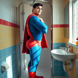 A whimsical scene of Superman standing in a modern washroom, clad in his iconic blue and red costume, but with a humorous twist as he is trying to fit into a small shower stall