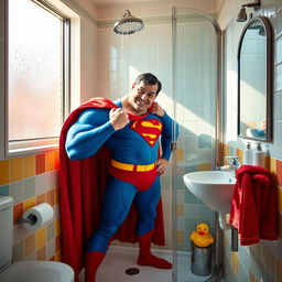 A whimsical scene of Superman standing in a modern washroom, clad in his iconic blue and red costume, but with a humorous twist as he is trying to fit into a small shower stall