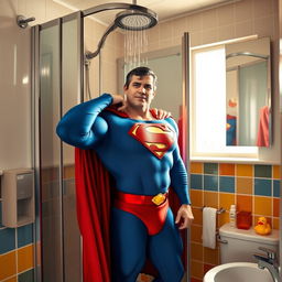 A whimsical scene of Superman standing in a modern washroom, clad in his iconic blue and red costume, but with a humorous twist as he is trying to fit into a small shower stall