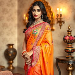 A stunning woman wearing a beautifully designed desi saree that elegantly drapes her figure, showcasing intricate embroidery and vibrant colors
