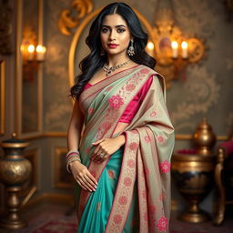 A stunning woman wearing a beautifully designed desi saree that elegantly drapes her figure, showcasing intricate embroidery and vibrant colors