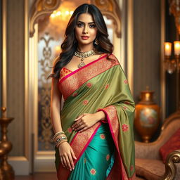 A stunning woman wearing a beautifully designed desi saree that elegantly drapes her figure, showcasing intricate embroidery and vibrant colors