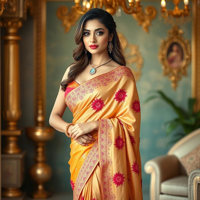 A stunning woman wearing a beautifully designed desi saree that elegantly drapes her figure, showcasing intricate embroidery and vibrant colors