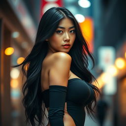 A striking portrait of an East Asian woman with an hourglass figure, beautifully accentuating her curves