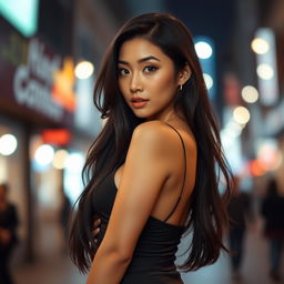 A striking portrait of an East Asian woman with an hourglass figure, beautifully accentuating her curves