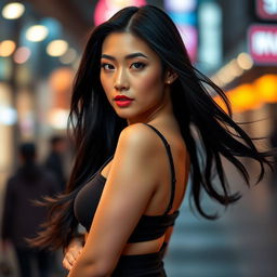 A striking portrait of an East Asian woman with an hourglass figure, beautifully accentuating her curves