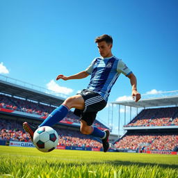 A realistic portrayal of a skilled soccer player in action, wearing a blue and white soccer jersey and black shorts, kicking a soccer ball on a grassy field during a sunny day