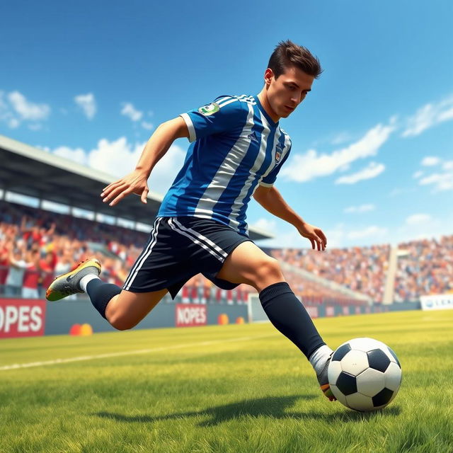 A realistic portrayal of a skilled soccer player in action, wearing a blue and white soccer jersey and black shorts, kicking a soccer ball on a grassy field during a sunny day