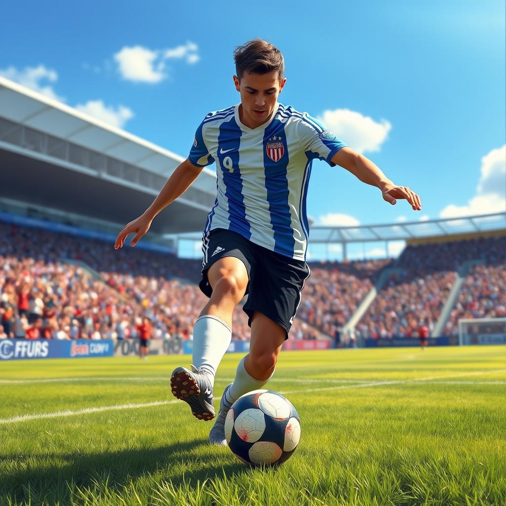 A realistic portrayal of a skilled soccer player in action, wearing a blue and white soccer jersey and black shorts, kicking a soccer ball on a grassy field during a sunny day