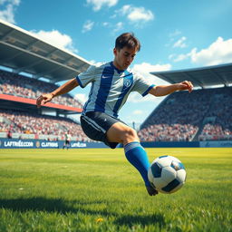 A realistic portrayal of a skilled soccer player in action, wearing a blue and white soccer jersey and black shorts, kicking a soccer ball on a grassy field during a sunny day