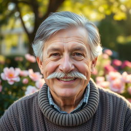 A kind and merciful elderly man with gray hair and a well-groomed mustache, wearing a warm smile