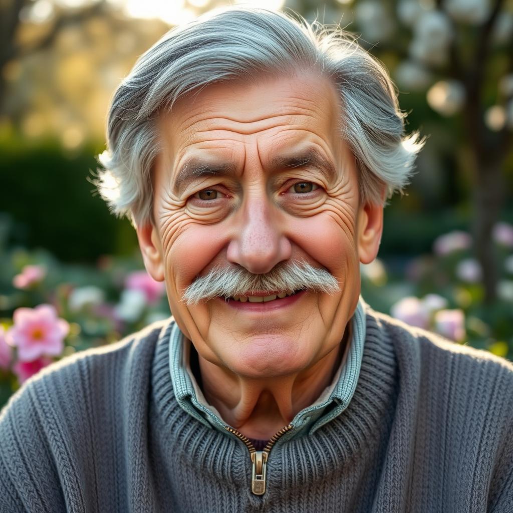 A kind and merciful elderly man with gray hair and a well-groomed mustache, wearing a warm smile