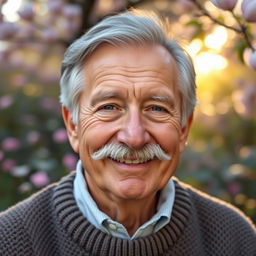 A kind and merciful elderly man with gray hair and a well-groomed mustache, wearing a warm smile