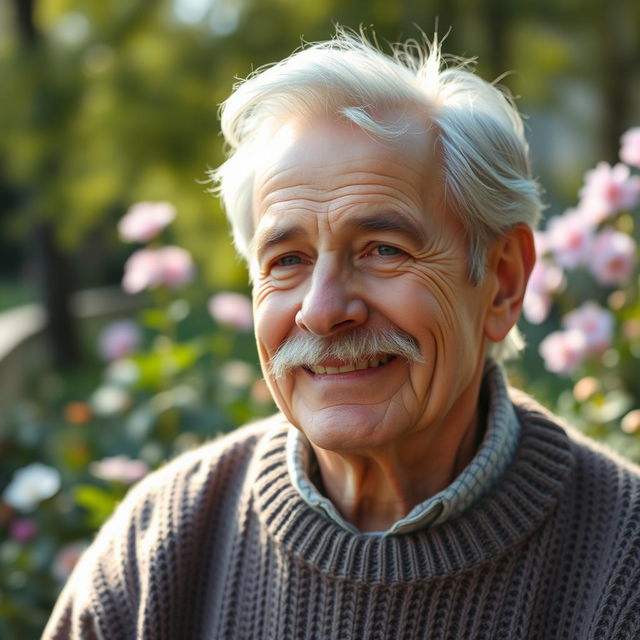 A kind and merciful elderly man with gray hair and a well-groomed mustache, wearing a warm smile