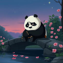 An evocative scene of a sad Kung Fu Panda, Po, sitting on a stone bridge that crosses a gentle stream, surrounded by lush greenery