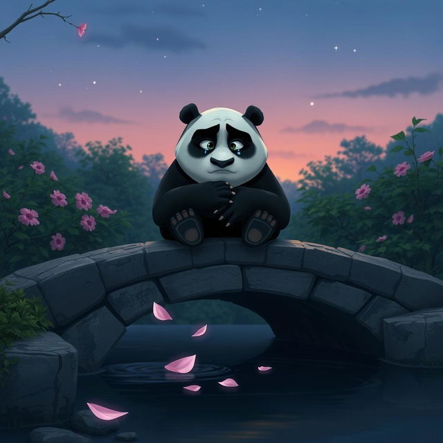 An evocative scene of a sad Kung Fu Panda, Po, sitting on a stone bridge that crosses a gentle stream, surrounded by lush greenery