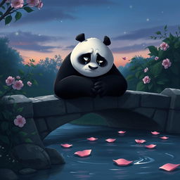 An evocative scene of a sad Kung Fu Panda, Po, sitting on a stone bridge that crosses a gentle stream, surrounded by lush greenery