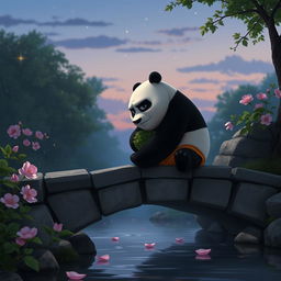 An evocative scene of a sad Kung Fu Panda, Po, sitting on a stone bridge that crosses a gentle stream, surrounded by lush greenery