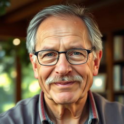 A kind-hearted 60-year-old man with a mustache and a hint of gray in his hair, wearing glasses