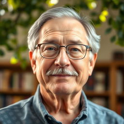 A kind-hearted 60-year-old man with a mustache and a hint of gray in his hair, wearing glasses