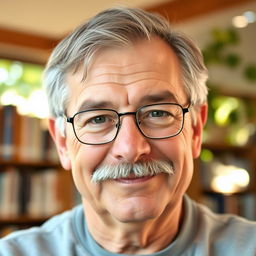 A kind-hearted 60-year-old man with a mustache and a hint of gray in his hair, wearing glasses
