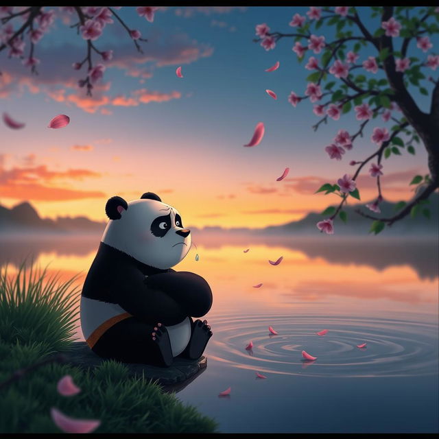 An evocative image of a sad Kung Fu Panda, Po, sitting on the edge of a serene pond at twilight