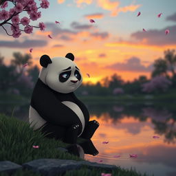 An evocative image of a sad Kung Fu Panda, Po, sitting on the edge of a serene pond at twilight