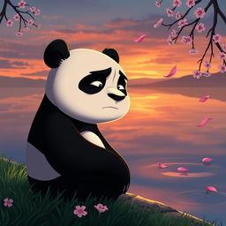 An evocative image of a sad Kung Fu Panda, Po, sitting on the edge of a serene pond at twilight