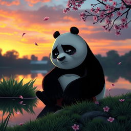 An evocative image of a sad Kung Fu Panda, Po, sitting on the edge of a serene pond at twilight