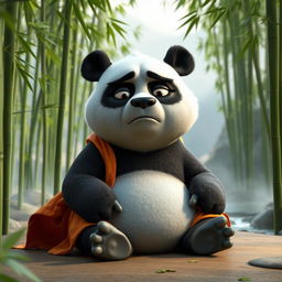 A 3D rendering of a sad Kung Fu Panda sitting alone in a tranquil bamboo forest