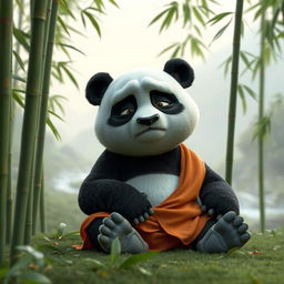 A 3D rendering of a sad Kung Fu Panda sitting alone in a tranquil bamboo forest