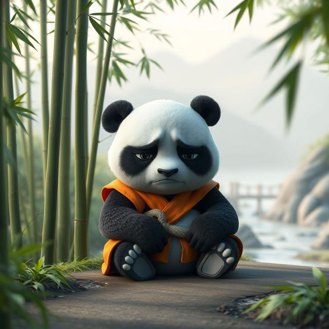 A 3D rendering of a sad Kung Fu Panda sitting alone in a tranquil bamboo forest