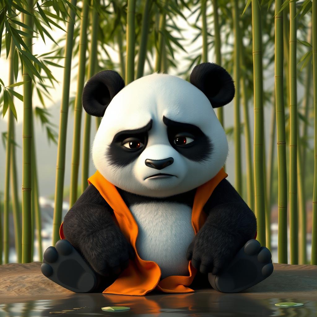 A 3D rendering of a sad Kung Fu Panda sitting alone in a tranquil bamboo forest