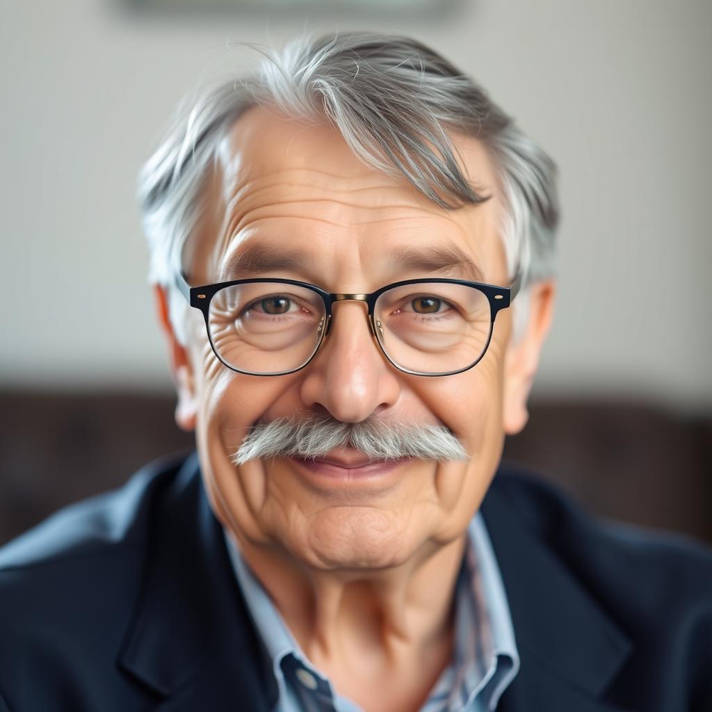 A portrait of a 60-year-old man with a distinctive mustache and a touch of gray hair, showcasing a round and warm face