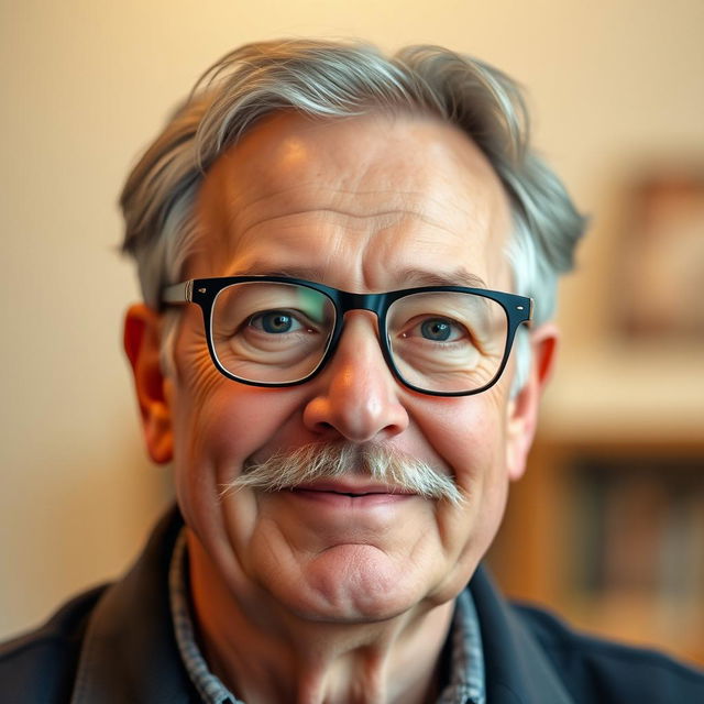 A portrait of a 60-year-old man with a distinctive mustache and a touch of gray hair, showcasing a round and warm face