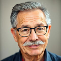 A portrait of a 60-year-old man with a distinctive mustache and a touch of gray hair, showcasing a round and warm face