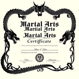 A fillable martial arts certificate design featuring a bold black dragon border intricately woven into the edges